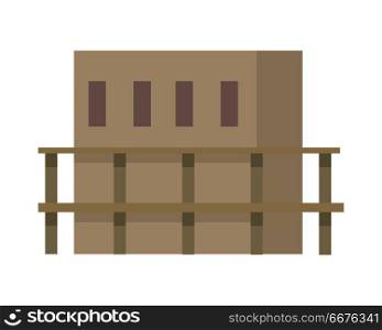 Beginning of Creating New Building. Flat design. Start of creation new building. Flat design. Light brown house with two floors with four holes for windows and doors. Big auxiliary ladders. Simple cartoon style. Front and side view. Vector