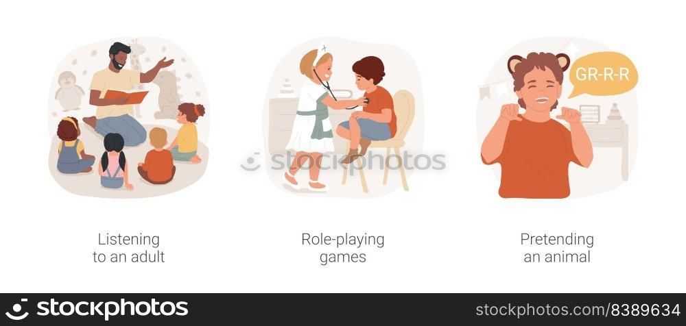Behavior therapy in autism daycare isolated cartoon vector illustration set. Listening to an adult, role-playing games, pretending an animal, early education, developmental delay vector cartoon.. Behavior therapy in autism daycare isolated cartoon vector illustration set.