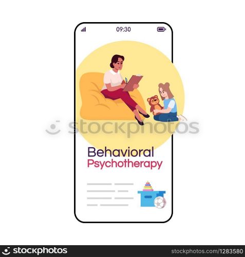 Behavioral psychotherapy cartoon smartphone vector app screen. Child therapy. Psychoanalysis. Mobile phone display with flat character design mockup. Application telephone cute interface
