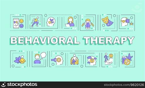 Behavioral therapy text with various thin linear icons concept on green monochromatic background, editable 2D vector illustration.. Behavioral therapy text with multicolor thin line icons