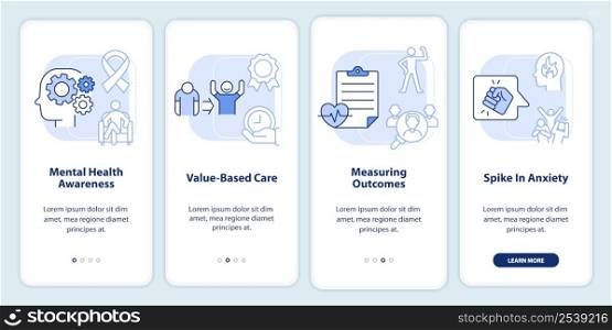 Behavioral trends light blue onboarding mobile app screen. Mental health walkthrough 4 steps graphic instructions pages with linear concepts. UI, UX, GUI template. Myriad Pro-Bold, Regular fonts used. Behavioral trends light blue onboarding mobile app screen