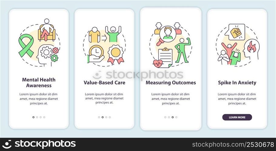Behavioral trends onboarding mobile app screen. Mental health walkthrough 4 steps graphic instructions pages with linear concepts. UI, UX, GUI template. Myriad Pro-Bold, Regular fonts used. Behavioral trends onboarding mobile app screen