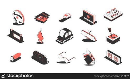 Behind wheel isometric icons set with vehicle parts and tools for cars 3d isolated vector illustration