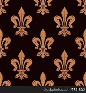 Beige and brown floral seamless pattern with french fleur-de-lis elements on dark brown background. For wallpaper and interior design. Beige and brown floral seamless pattern