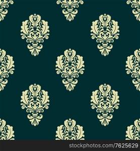 Beige and dark green floral seamless pattern background in damask style with arabesque elements for wallpaper or fabric design. Damask style seamless floral pattern with beige and dark cyan