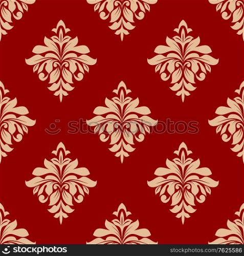 Beige and red floral seamless pattern with arabesque elements in damask style for wallpaper or fabric design in square format. Seamless floral pattern