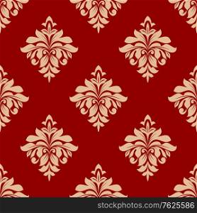 Beige and red floral seamless pattern with arabesque elements in damask style for wallpaper or fabric design in square format. Seamless floral pattern