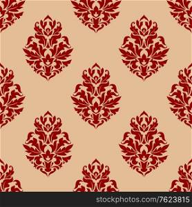 Beige and red seamless damask pattern with floral elements