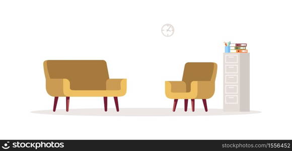 Beige chair and couch semi flat RGB color vector illustration. Sofa and armchair for psychological consultation. Comfortable home interior. Office furniture isolated cartoon object on white background. Beige chair and couch semi flat RGB color vector illustration