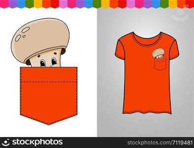 Beige champignon in shirt pocket. Cute character. Colorful vector illustration. Cartoon style. Isolated on white background. Design element. Template for your shirts, books, stickers, cards, posters.