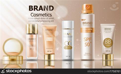 Beige color make up cosmetics set with cream, sunscreen spray, primer and foundation. Mirror and sun shining decoration. Mockup realistic Vector. Beige color make up cosmetics set with cream, sunscreen spray, primer and foundation. Mirror and sun shining decoration