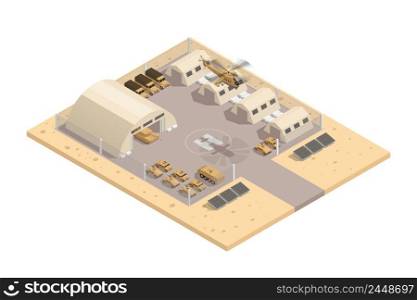 Beige color military isometric composition with with helipad and parking guarded area vector illustration. Beige Military Isometric Composition
