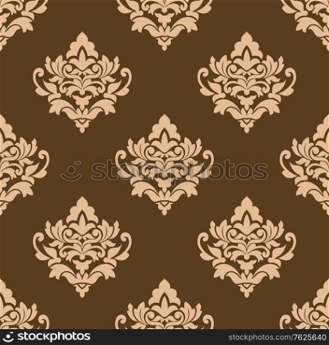 Beige colored decorative foliate and floral arabesque seamless pattern in damask style motifs suitable for wallpaper, tiles and fabric design isolated over brown colored background in square format