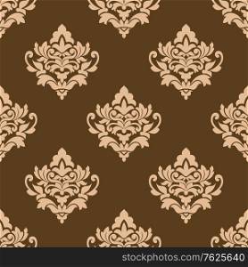 Beige colored decorative foliate and floral arabesque seamless pattern in damask style motifs suitable for wallpaper, tiles and fabric design isolated over brown colored background in square format
