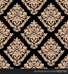 Beige colored decorative foliate and floral arabesque seamless pattern in damask style motifs. isolated on dark brown colored background in square format