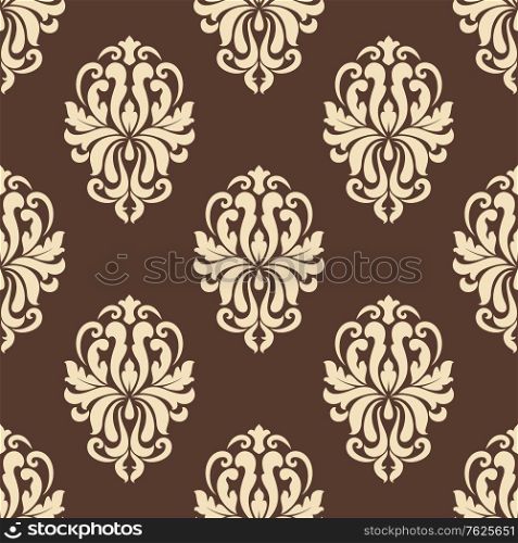 Beige colored elegant floral arabesque seamless pattern in vintage damask style for wallpaper, tiles and fabric design isolated over brown colored background