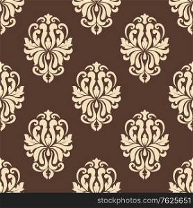Beige colored elegant floral arabesque seamless pattern in vintage damask style for wallpaper, tiles and fabric design isolated over brown colored background