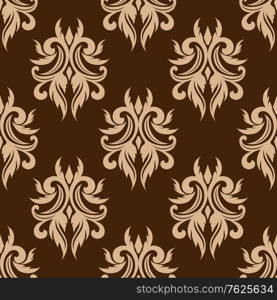 Beige colored floral arabesque seamless pattern in damask style motifs suitable for wallpaper, tiles and fabric design isolated over brown colored background in square format