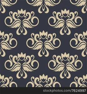 Beige colored floral seamless pattern with arabesque elements in damask style isolated over gray background for wallpaper, tiles and fabric design in square format
