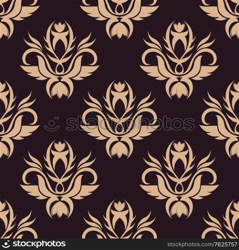 Beige colored retro vintage floral arabesque seamless pattern on brown colored background. Suitable for wallpaper, tiles and fabric design