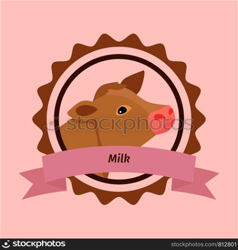 Beige cow head flat icon in circle shape. Vector milk label design. Beige cow head milk label