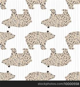 Beige dashes polar bear ornament seamless pattern in doodle style. Light striped background. Cartoon artwork. Perfect for fabric design, textile print, wrapping, cover. Vector illustration.. Beige dashes polar bear ornament seamless pattern in doodle style. Light striped background. Cartoon artwork.