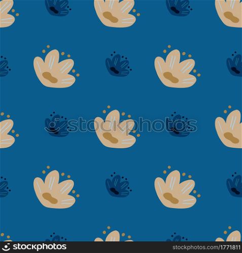 Beige doodle seamless pattern with bloom naive flowers ornament. Blue bright background. Simple style. Designed for fabric design, textile print, wrapping, cover. Vector illustration.. Beige doodle seamless pattern with bloom naive flowers ornament. Blue bright background. Simple style.