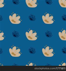 Beige doodle seamless pattern with bloom naive flowers ornament. Blue bright background. Simple style. Designed for fabric design, textile print, wrapping, cover. Vector illustration.. Beige doodle seamless pattern with bloom naive flowers ornament. Blue bright background. Simple style.