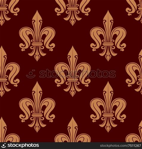 Beige fleur-de-lis floral elements on maroon background seamless pattern. For textile or interior design. Beige and maroon floral seamless pattern