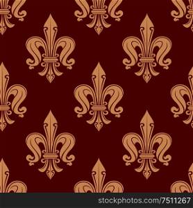 Beige fleur-de-lis floral elements on maroon background seamless pattern. For textile or interior design. Beige and maroon floral seamless pattern