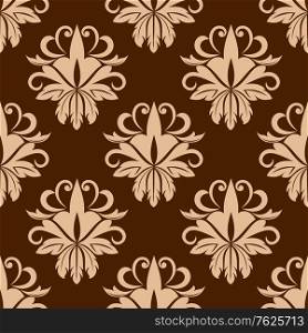 Beige floral arabesque abstract seamless patter in damask style on brown colored background in square format