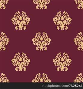 Beige floral seamless pattern on maroon background for tile, wallpaper and fabric design. Damask style