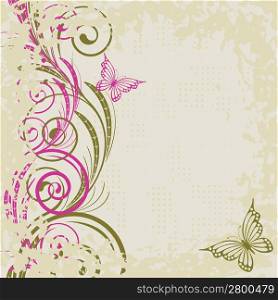 Beige grunge background with abstract pink butterfly and branches