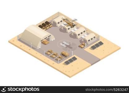 Beige Military Isometric Composition. Beige color military isometric composition with with helipad and parking guarded area vector illustration