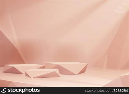 Beige or coral podium. Exhibition gallery clean scene, cosmetics product presentation empty pedestal or fashion showcase stands realistic vector backdrop. Studio showroom mock up space. Beige or coral podium, empty platforms background
