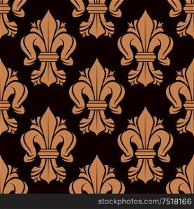 Beige or golden heraldic lilies fleur-de-lis tracery ornamental elements seamless pattern isolated on red. For textile or royal heraldic themes, design or interior.. Heraldic fleur-de-lis tracery elements seamless pattern
