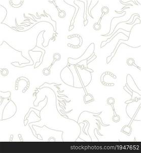 Beige outline horse, saddle and horseshoe silhouette seamless pattern. Vector illustration.