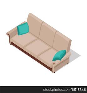Beige Sofa Illustration in Isometric Projection. Sofa with pillows vector in isometric projection. Comfortable furniture illustration for stores advertising, icons, infographics, logo, web and games environment design. Isolated on white background. Beige Sofa Illustration in Isometric Projection
