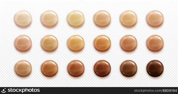 Beige to chocolate foundation or paint drops isolated on transparent background. Natural skin color undertones. Realistic vector illustration of glossy droplets with creamy texture. Cosmetics palette. Beige to chocolate foundation or paint drops