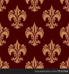 Beige victorian fleur-de-lis floral seamless pattern with decorative pointed leaves, flourishes on red background, for vintage textile or wallpaper design. Seamless heraldic fleur-de-lis floral pattern