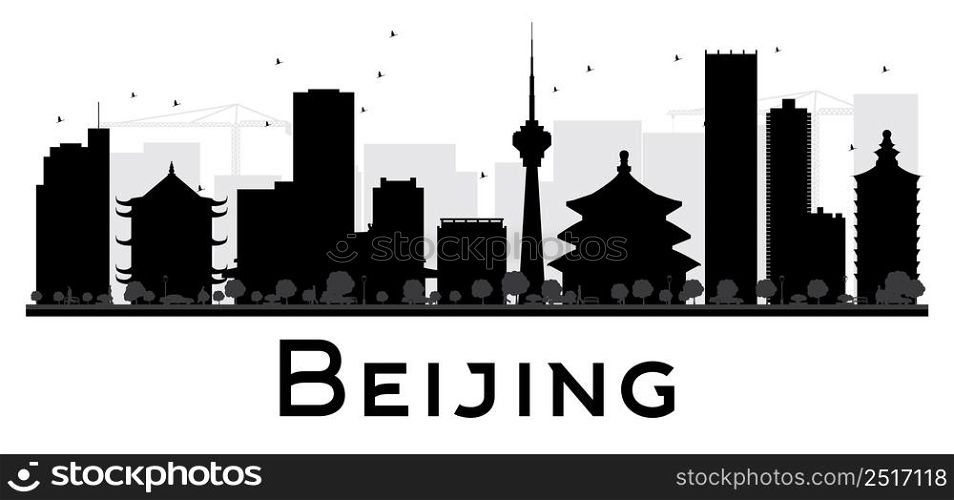 Beijing City skyline black and white silhouette. Vector illustration. Simple flat concept for tourism presentation, banner, placard or web. Business travel concept. Cityscape with landmarks