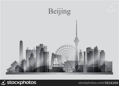Beijing city skyline silhouette in grayscale, vector illustration
