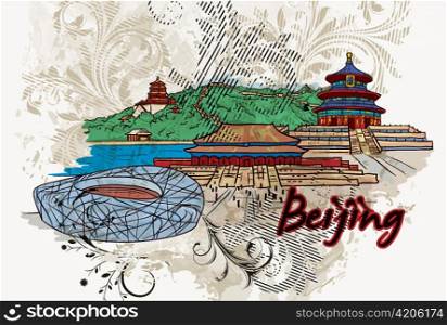 beijing doodles with floral vector illustration