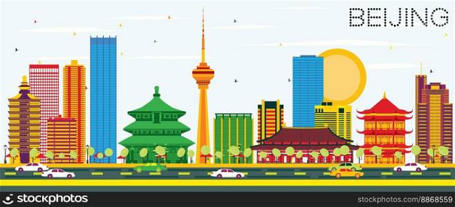 Beijing Skyline with Color Buildings and Blue Sky. Vector Illustration. Business Travel and Tourism Concept with Modern Architecture. Image for Presentation Banner Placard and Web Site.