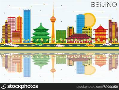Beijing Skyline with Color Buildings, Blue Sky and Reflections. Vector Illustration. Business Travel and Tourism Concept with Modern Architecture. Image for Presentation Banner Placard and Web Site.