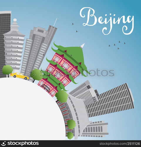 Beijing Skyline with Gray Buildings, Blue Sky and Copy Space. Vector Illustration. Business travel and tourism concept with place for text. Image for presentation, banner, placard and web site.