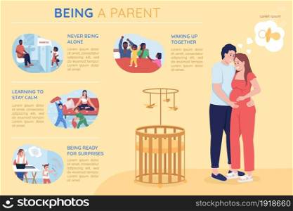 Being a parent flat color vector infographic template. Father and mother with kids. Poster with text, PPT page concept design with cartoon characters. Creative data visualization. Info banner idea. Being a parent flat color vector infographic template