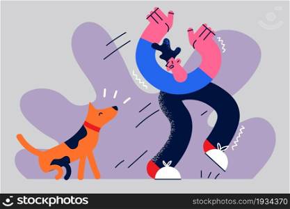 Being afraid of dogs concept. Young stressed man boy cartoon character running from dog feeling scared vector illustration . Being afraid of dogs concept