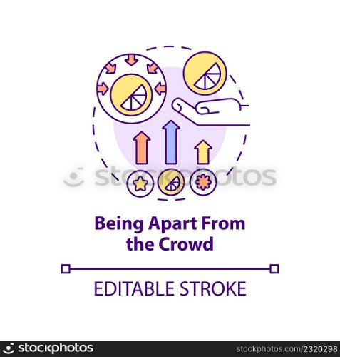 Being apart from crowd concept icon. Alternative style. Good design importance abstract idea thin line illustration. Isolated outline drawing. Editable stroke. Arial, Myriad Pro-Bold fonts used. Being apart from crowd concept icon