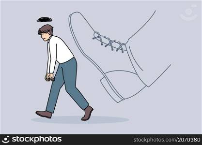 Being fired and kicked out concept. Young stressed sad man worker office manager going away with huge boot shoe kicking him out vector illustration . Being fired and kicked out concept.